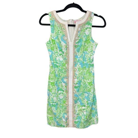 Lilly Pulitzer - Green White Jungle Print "Janice" Shift Dress Embroidery sz 00 - Picture 4 of 15